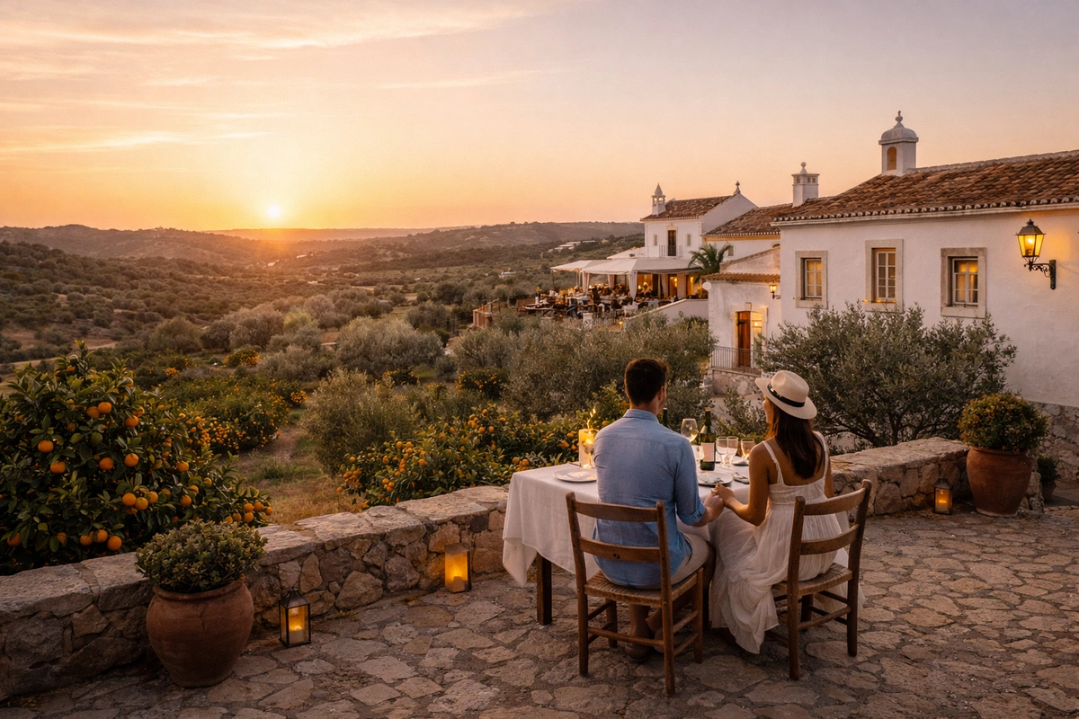 algarve-inland-countryside-couple-olive-grove-dining-terrace-sunset Couple on a countryside terrace in the inland Algarve at sunset, with olive trees, a rustic dining table and soft golden light.