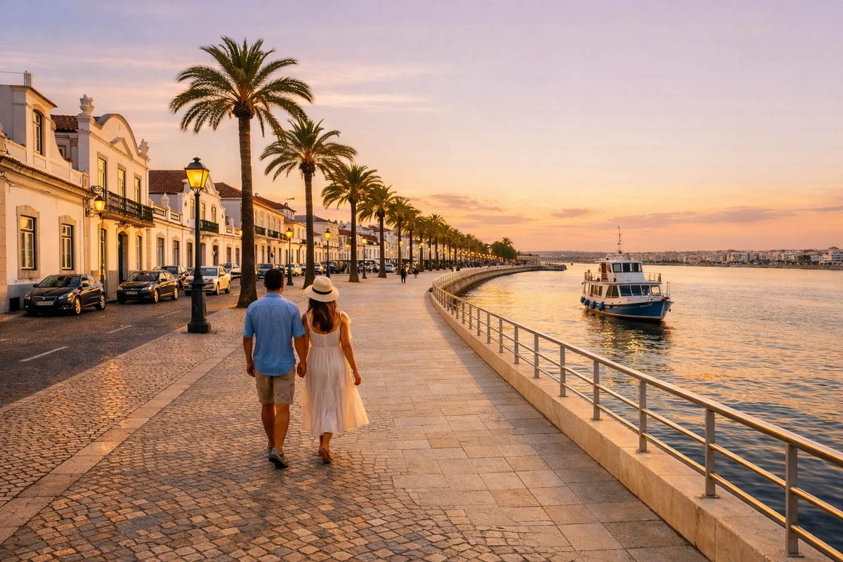 eastern-algarve-guadiana-river-vrsa-couples-sunset-heritage Couple walking along the Guadiana riverfront in Vila Real de Santo António at sunset, with historic buildings, palm trees and calm water.