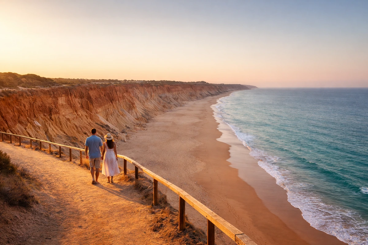 falesia-cliffs-albufeira-couple-walk-sunset-ocean Couple walking on a clifftop path above Praia da Falésia in Albufeira at sunset, with red cliffs, a wide sandy beach and the Atlantic Ocean.