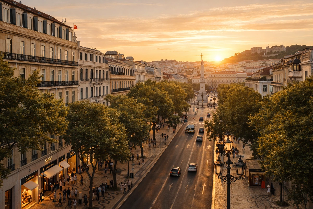 Golden-hour view of Avenida da Liberdade and Restauradores in Lisbon with tree-lined sidewalks, elegant historic buildings and a wide city boulevard.