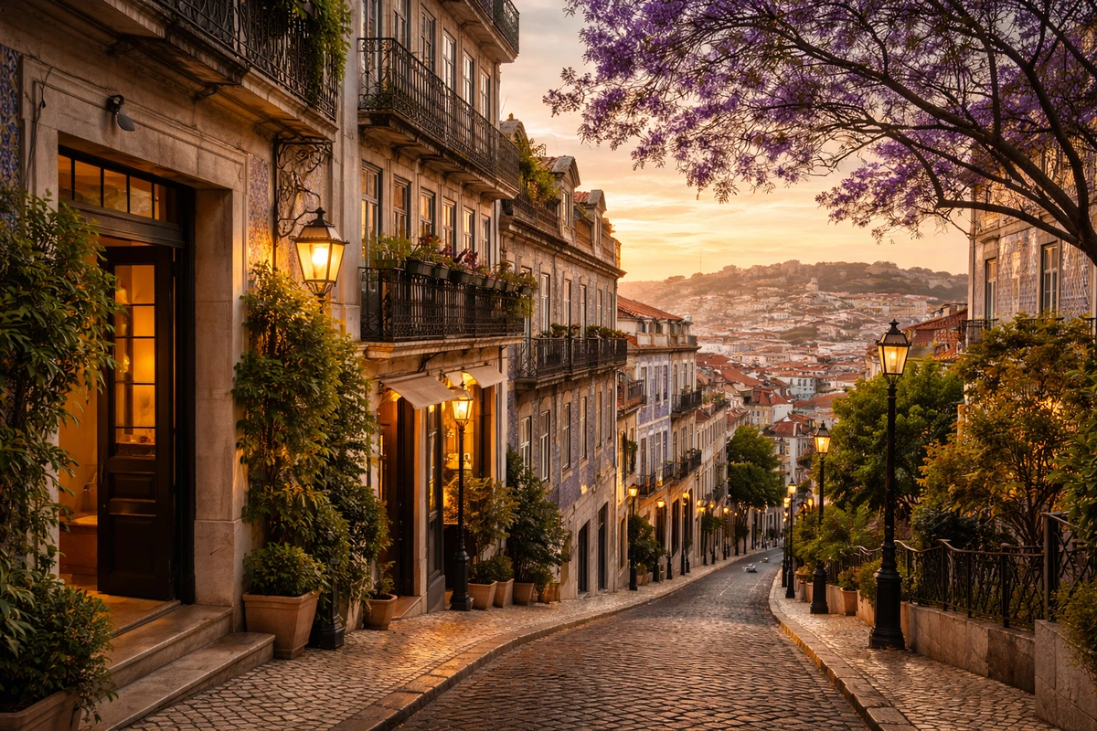 Golden-hour view of Lisbon’s Bairro Alto and Príncipe Real with cobblestone streets, historic façades, small cafés and warm evening light.