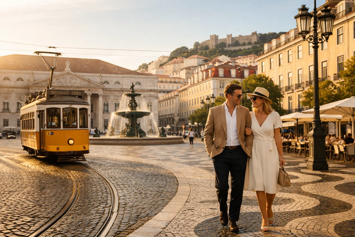 Golden-hour view of Lisbon’s Baixa and Rossio with historic buildings, Portuguese cobblestone pavements and a classic yellow tram in the city centre.