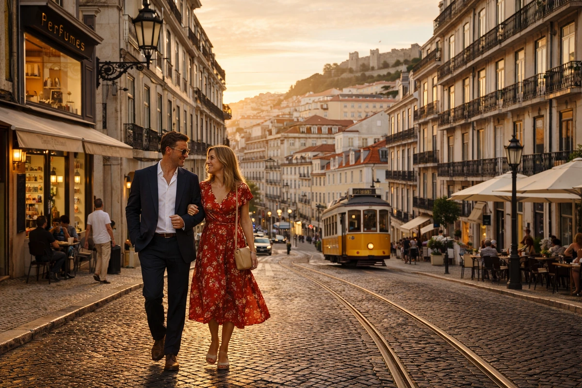 Golden-hour view of Lisbon’s Chiado with historic buildings, Portuguese tiled façades, café terraces and cobblestone streets in the city centre.