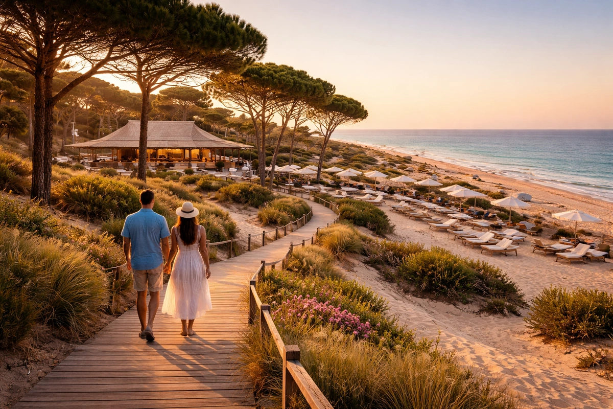 quinta-do-lago-golden-triangle-couple-dunes-pine-forest-sunset Couple walking on a wooden boardwalk through sand dunes and pine trees near Quinta do Lago at sunset in the Algarve.