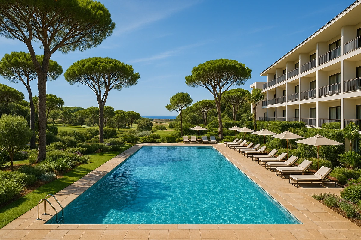 Elegant Algarve resort pool surrounded by gardens and pine trees near the coast