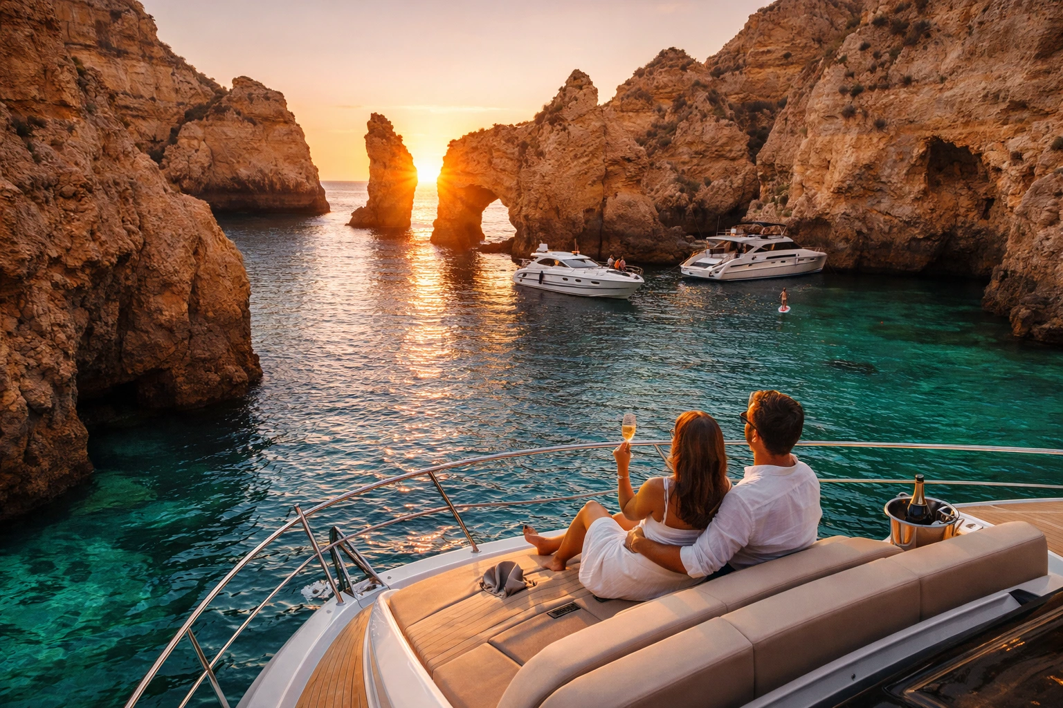 Private yacht cruising near Ponta da Piedade in Lagos, Algarve at golden hour, with limestone cliffs, sea arches and a sheltered turquoise bay.