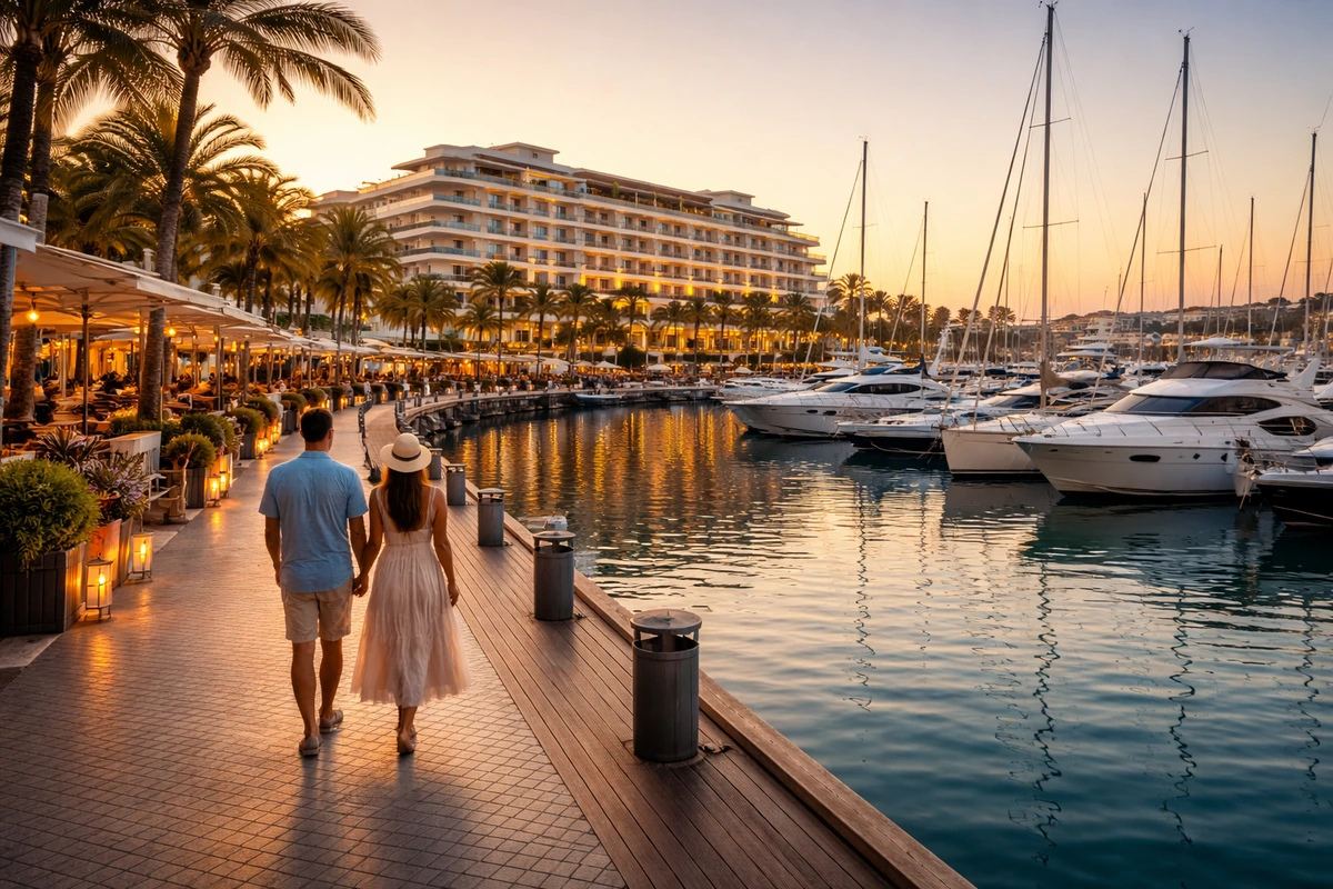 vilamoura-marina-couple-sunset-yachts-palm-promenade Couple walking along Vilamoura Marina at sunset with yachts, palm trees and waterfront restaurants in the Algarve, Portugal.