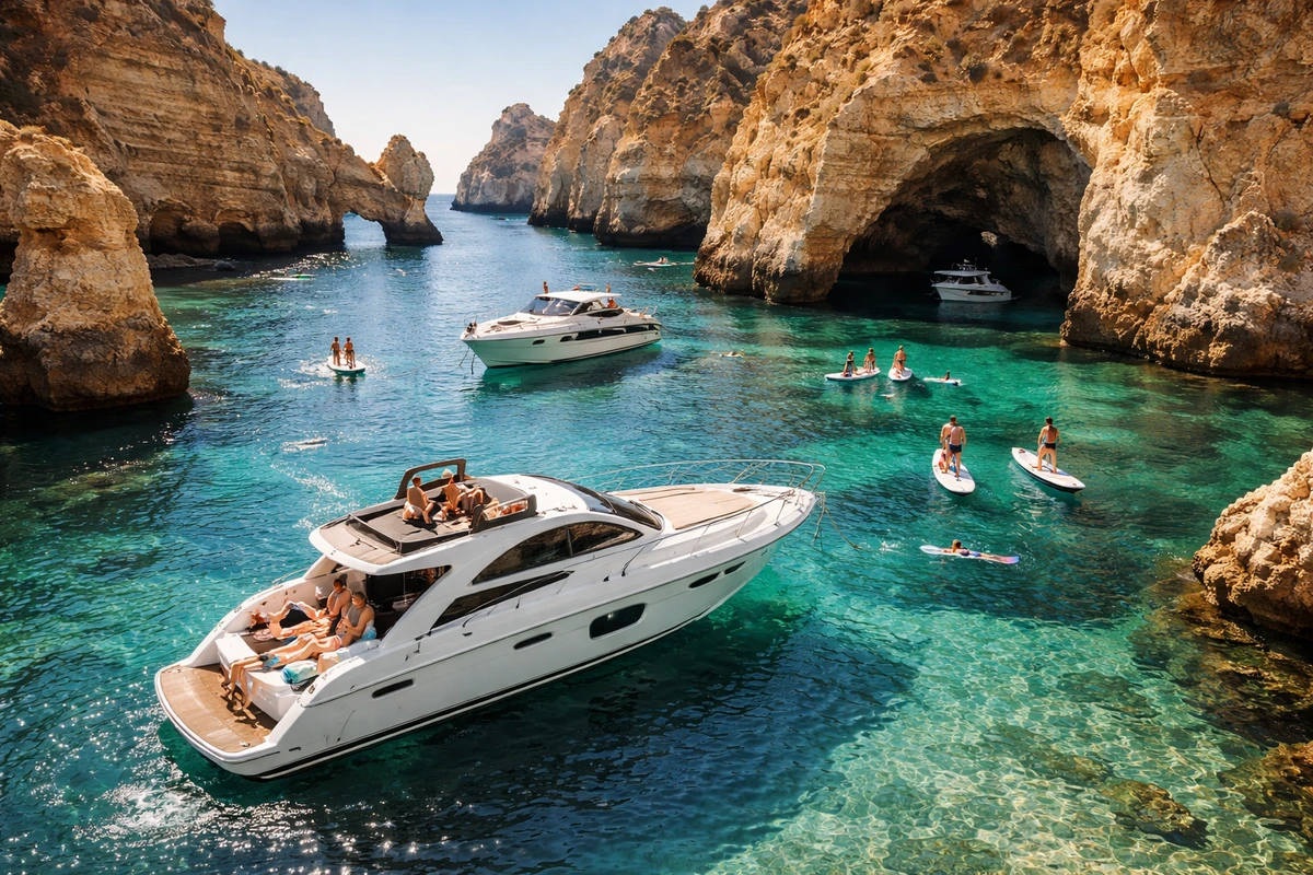 Private boat anchored near Ponta da Piedade in Lagos, Algarve, with limestone cliffs, sea caves and a calm turquoise cove for swimming.