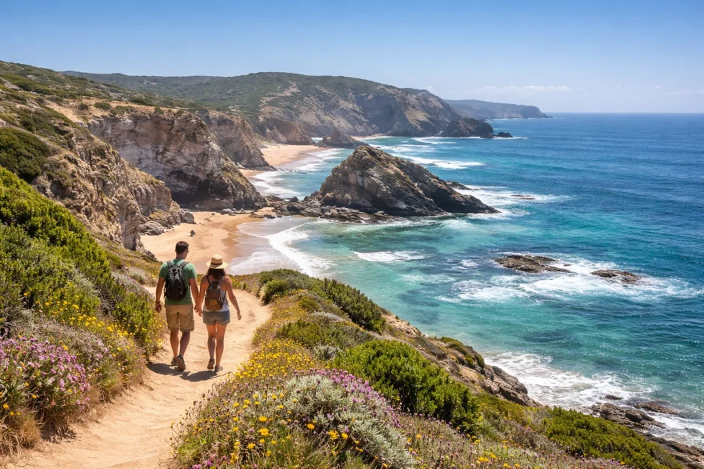 A couple walks along an easy coastal path lined with wildflowers above golden beaches and turquoise Atlantic water in the Alentejo coast natural park in Portugal.
