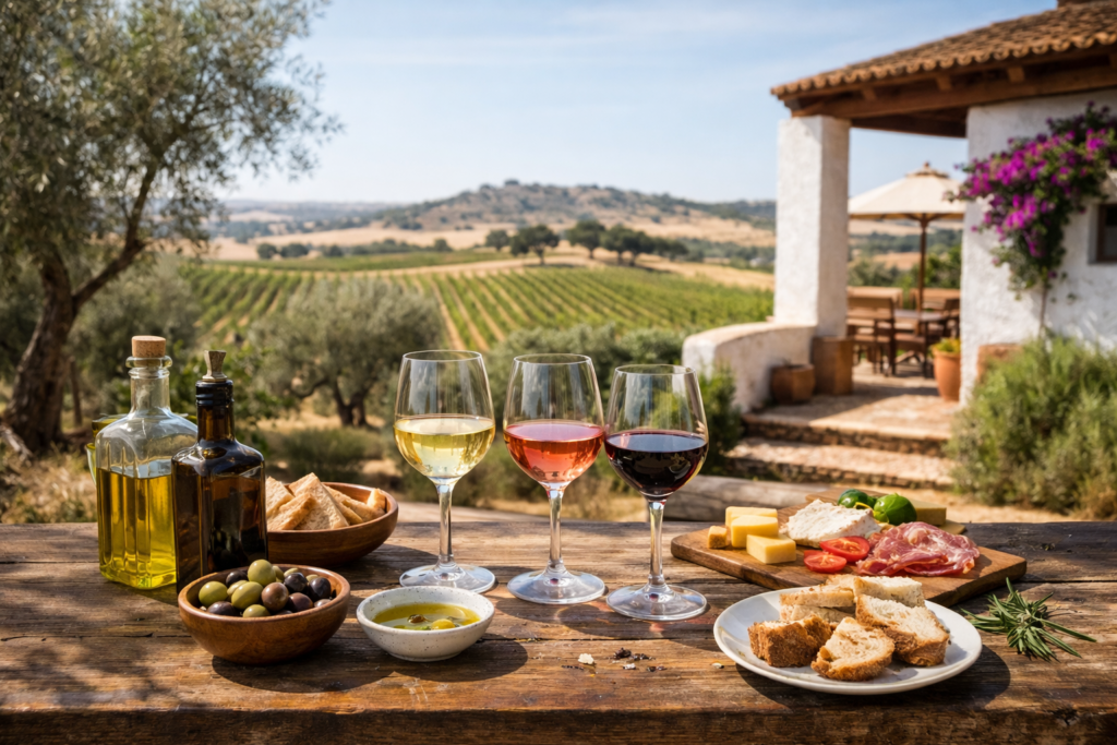 Horizontal view of an Alentejo wine estate with vineyards and olive groves at golden hour, a tasting table set with wine glasses and olive oil.