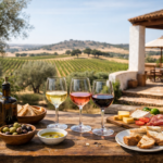 Horizontal view of an Alentejo wine estate with vineyards and olive groves at golden hour, a tasting table set with wine glasses and olive oil.