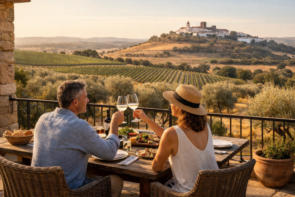 Couple enjoying a long lunch with wine on an Alentejo wine estate terrace overlooking vineyards and olive groves at golden hour.