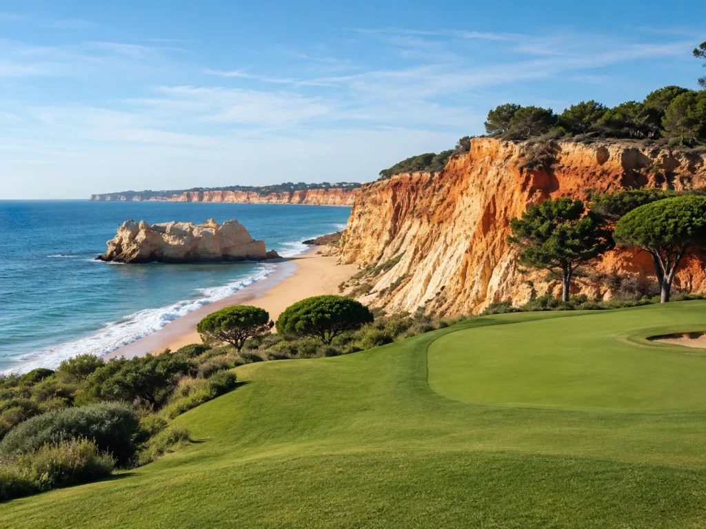 algarve-falesia-cliffs-golf-course view of the Algarve coastline with red-orange Falésia-style cliffs, a sandy beach, calm Atlantic Ocean, pine trees, and a golf green with sand bunkers in the foreground.