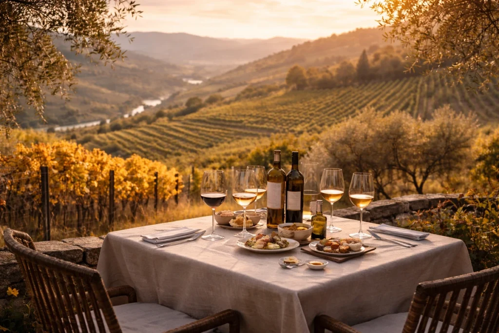 Couple enjoying a seated wine tasting on a Portuguese vineyard terrace in soft late-afternoon light, with vine rows and warm seasonal colours in the background.