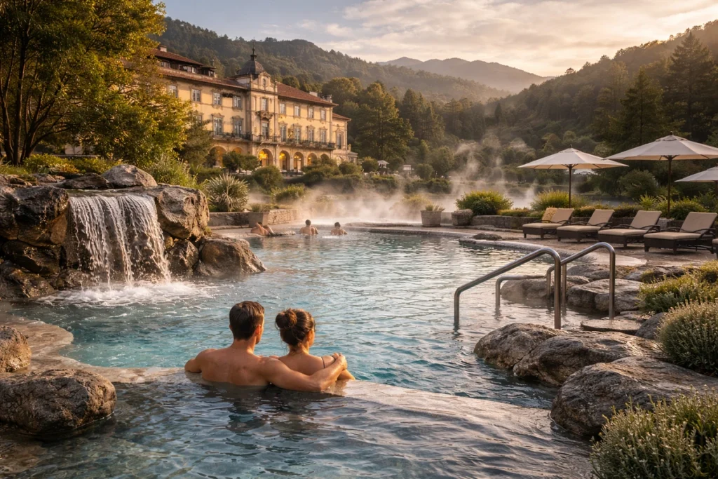 Steam rising from a mineral-water thermal pool at a Portugal spa hotel, with calm lighting and natural stone.