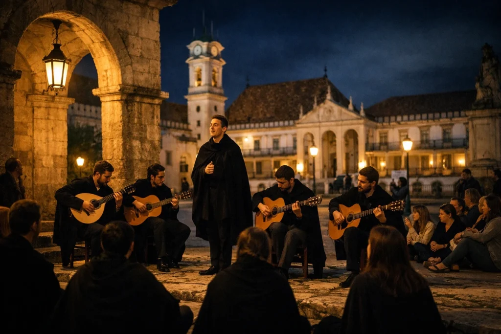 Coimbra Song (Fado de Coimbra) performance at night with a singer in an academic cape and guitarists playing to a seated audience near the University of Coimbra.