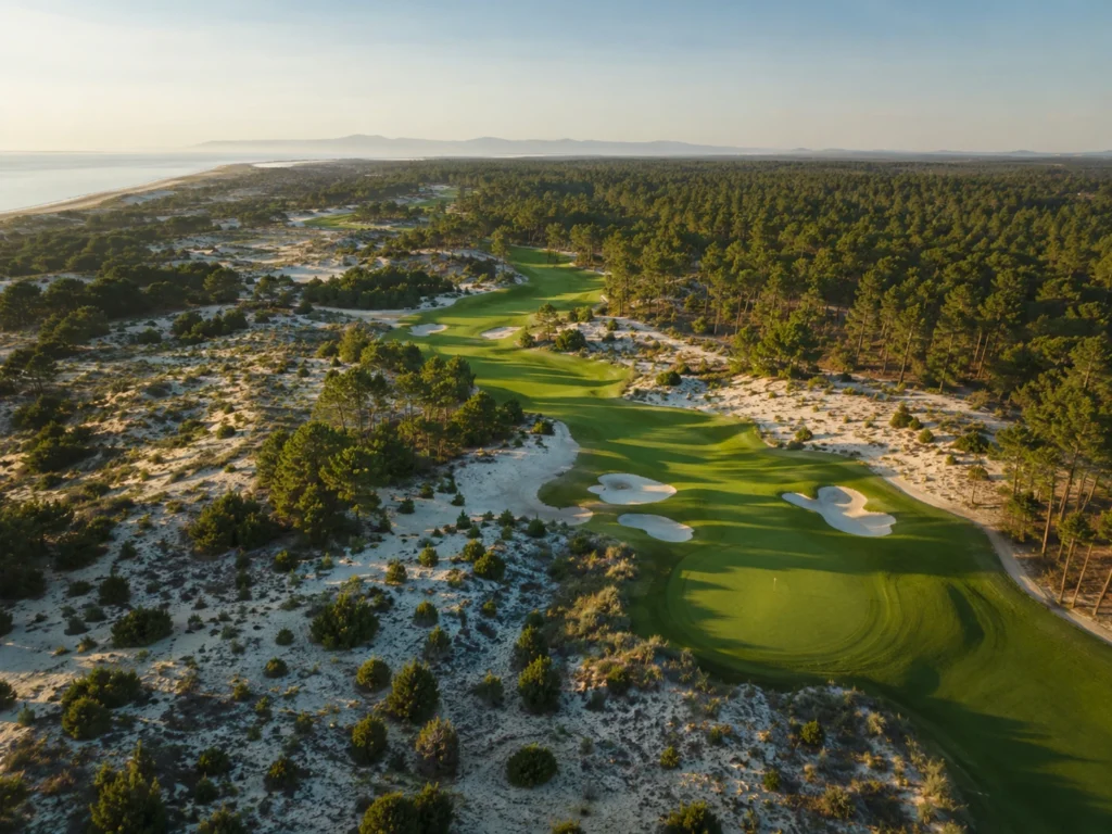 comporta-troia-golf-wellness-coastal-course aerial view of a golf course in Comporta and Tróia, with green fairways, white sand bunkers, pine forest, coastal dunes, and the sea in the distance under warm evening light.