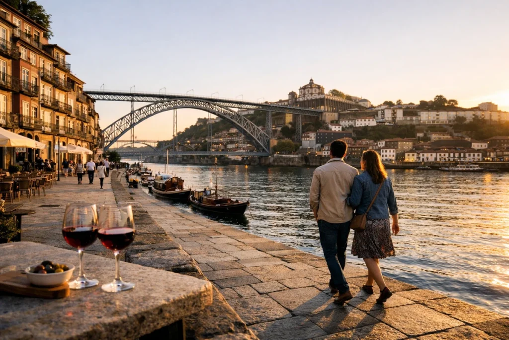 Couple walking along Porto’s Ribeira riverfront at sunset with Dom Luís I Bridge, Douro River boats and wine glasses in the foreground.