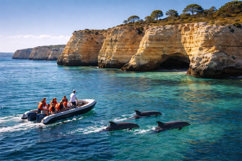 Tourists on a small inflatable boat wearing life jackets watch three bottlenose dolphins swimming in clear turquoise water near limestone cliffs on the Algarve coast.