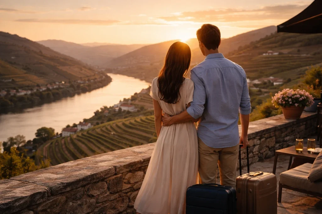 Couple standing at a Douro Valley viewpoint at golden hour, looking over terraced vineyards and the Douro River in soft evening light.