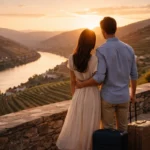 Couple standing at a Douro Valley viewpoint at golden hour, looking over terraced vineyards and the Douro River in soft evening light.