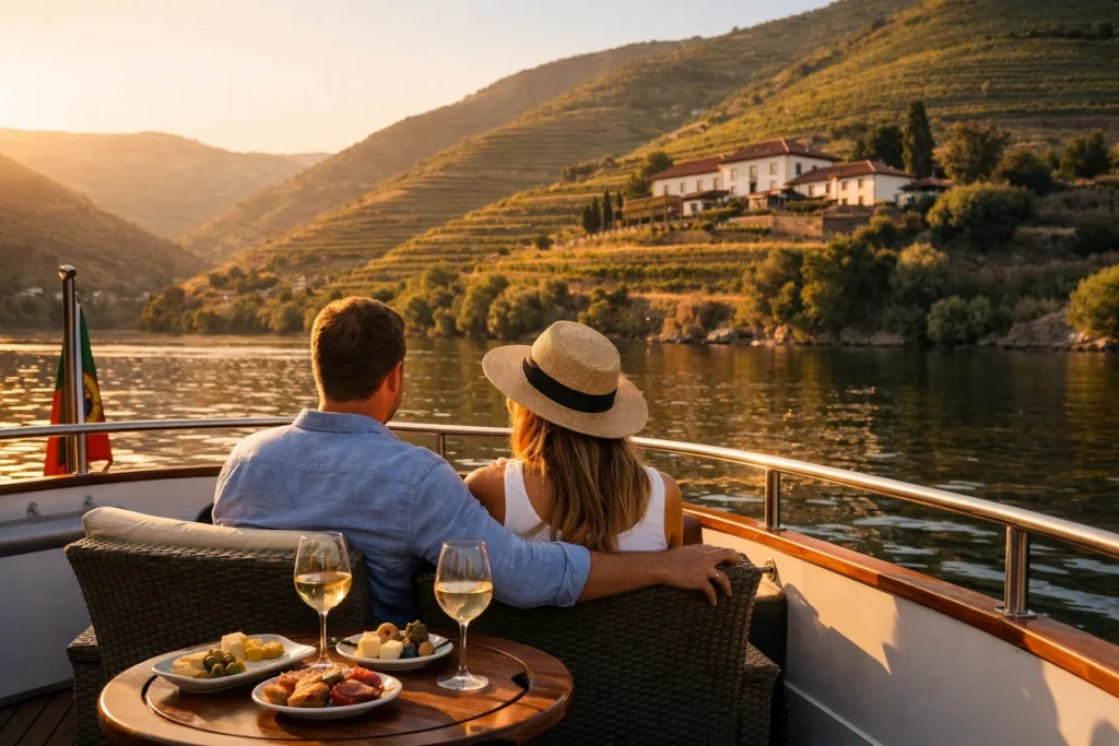 Couple on a Douro River cruise at golden hour with terraced vineyards on the hillsides, heading toward a wine estate for a tasting and lunch.