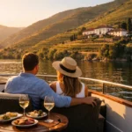 Couple on a Douro River cruise at golden hour with terraced vineyards on the hillsides, heading toward a wine estate for a tasting and lunch.