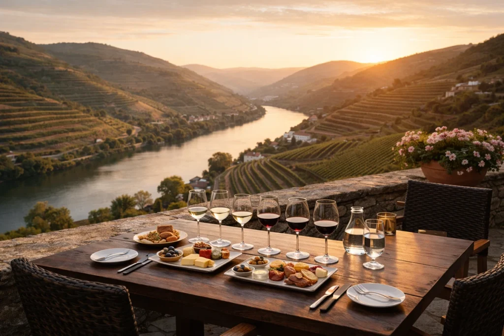 Vineyard lunch and wine tasting on a Douro Valley wine estate terrace near Pinhão, overlooking terraced vineyards and the Douro River at golden hour.