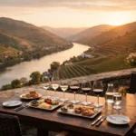Vineyard lunch and wine tasting on a Douro Valley wine estate terrace near Pinhão, overlooking terraced vineyards and the Douro River at golden hour.