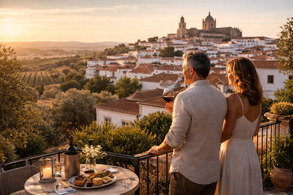 Couple enjoying wine on a countryside Alentejo estate terrace near Évora at sunset, overlooking olive trees and vineyard rows.