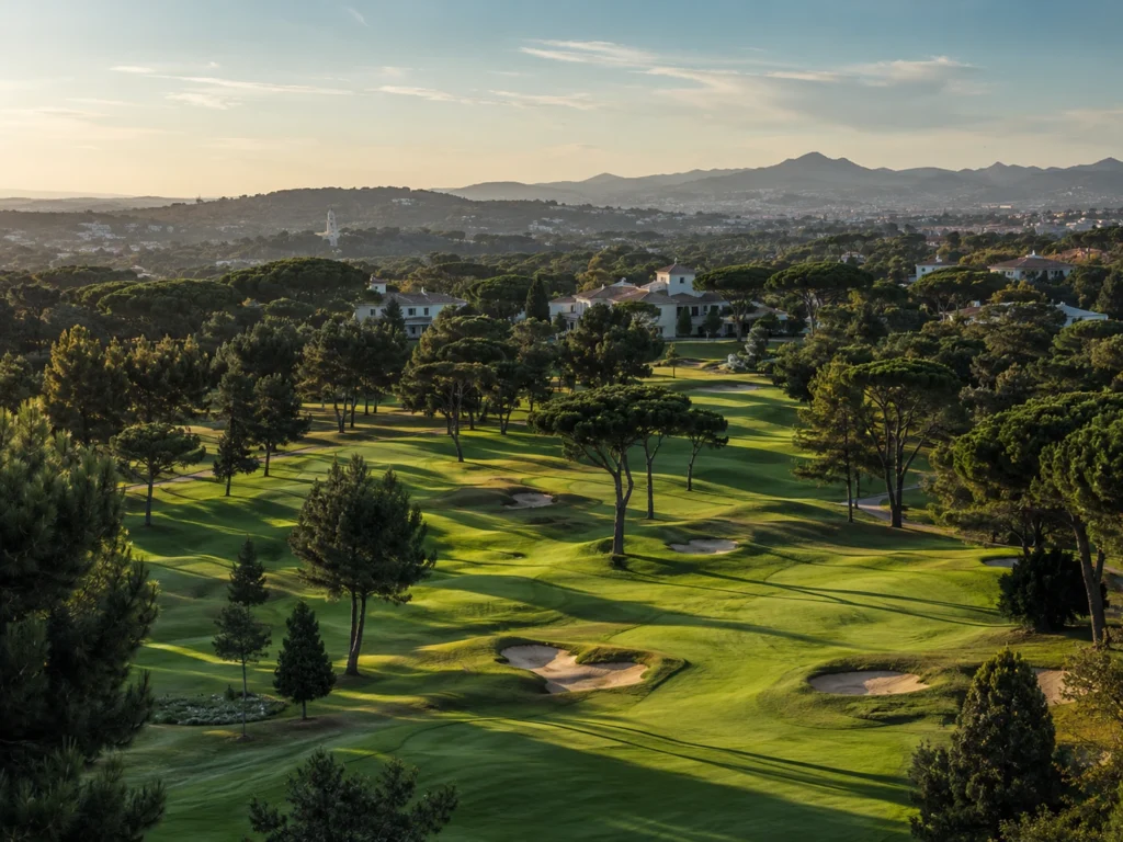 lisbon-coast-golf-with-culture-cascais-sintra view of a golf course on the Lisbon Coast near Cascais and Sintra, with rolling green fairways, sand bunkers, umbrella pines, elegant villas, and distant hills in warm evening light.