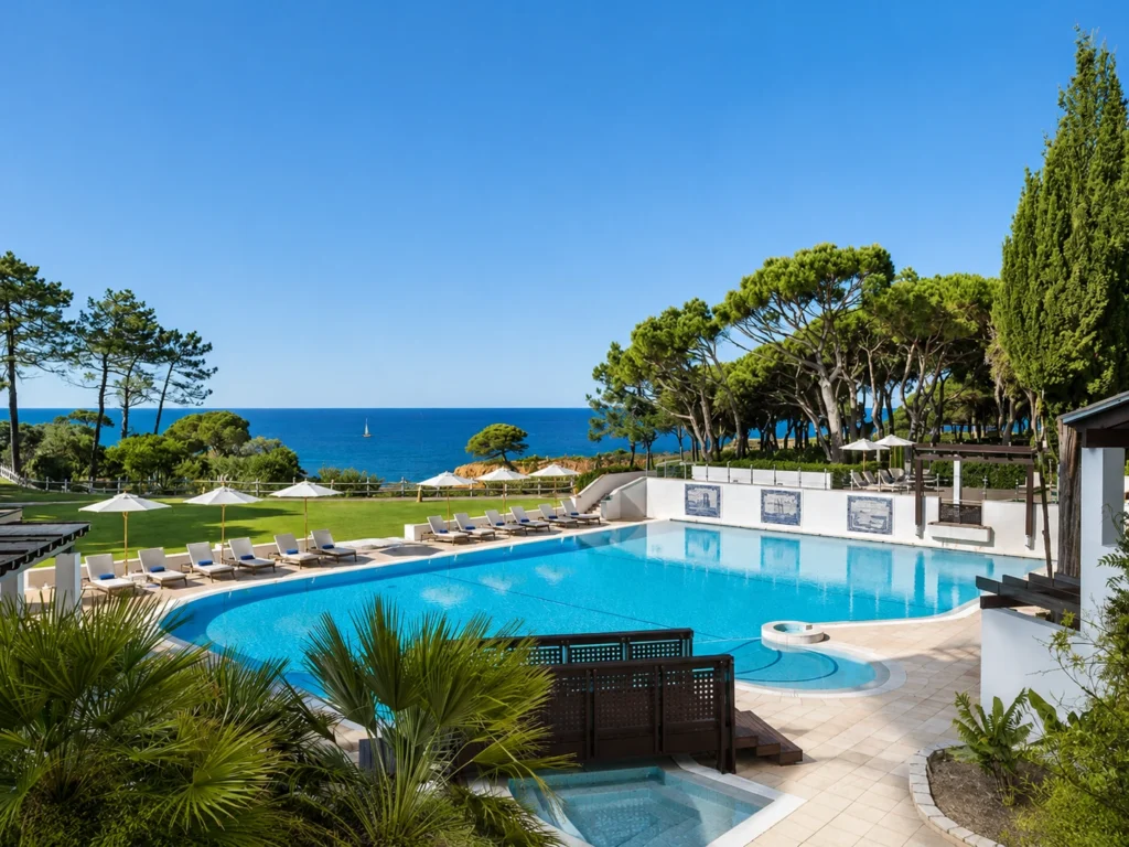 Daytime view of Pine Cliffs Hotel in the Algarve, showing a large outdoor pool, sun loungers, pine trees, landscaped gardens, and the Atlantic Ocean in the background.