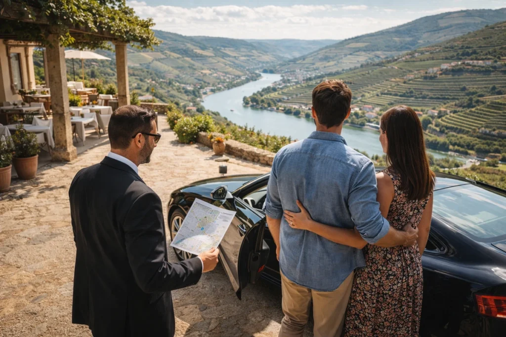 Couple enjoying a seated wine tasting on a vineyard terrace in Portugal with a private driver car parked nearby, late-morning light and vineyard views.