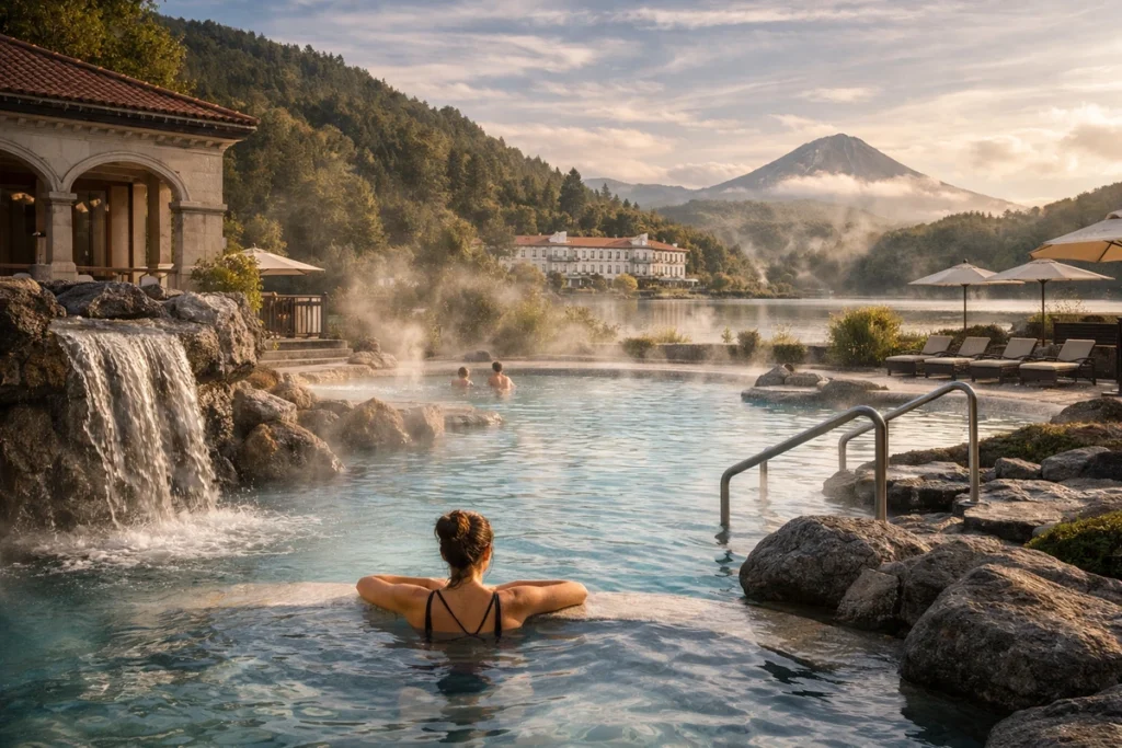 Steam rising from a thermal spa pool in Portugal, with natural stone, calm lighting and a forest backdrop.