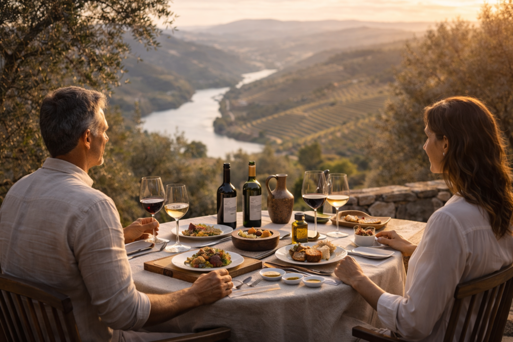 Wine pairing lunch on a Portuguese wine estate terrace with plated courses and tasting glasses, framed by olive trees and terraced vineyards in soft golden light.