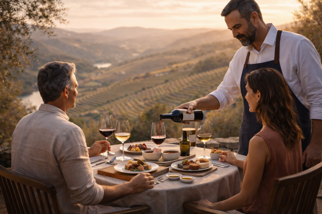 Couple enjoying a private wine tasting in Portugal on a vineyard terrace as a host pours wine, with small pairing plates and warm late-afternoon light.