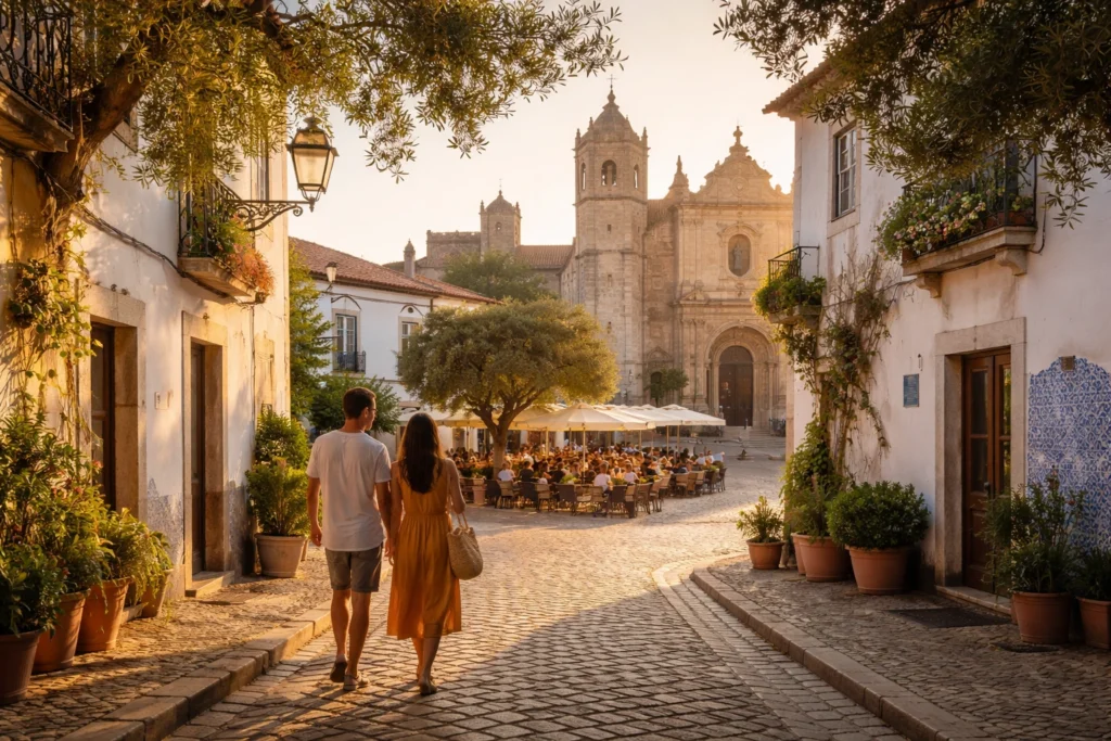 Couple walking along a cobblestone street toward a historic church and lively café square in a Portuguese town at golden hour.