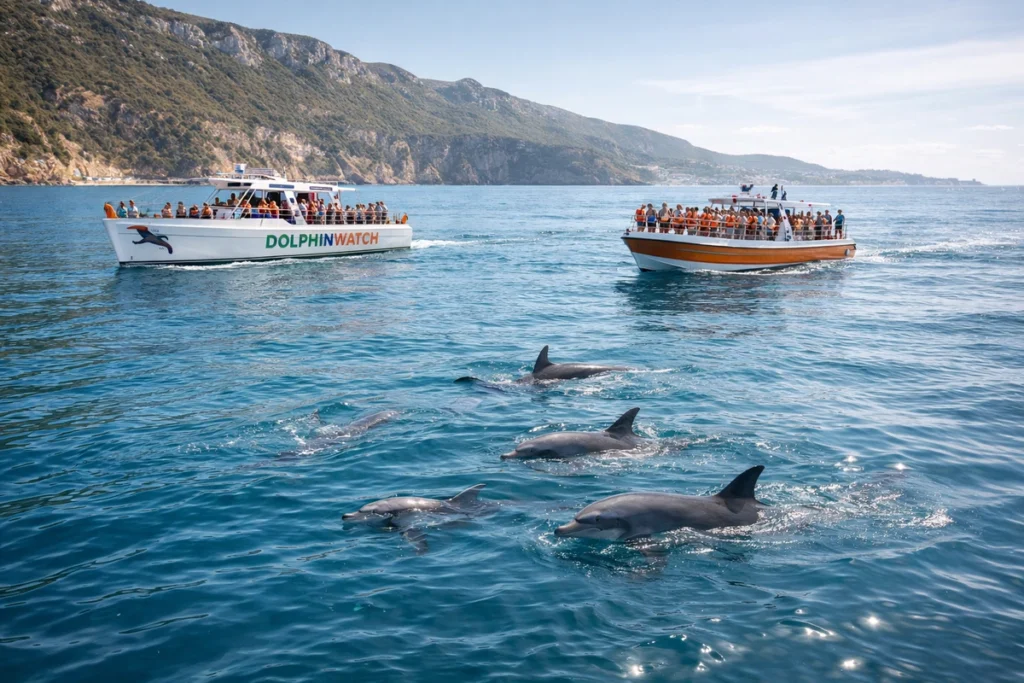 Two dolphin-watching boats cruise near the Arrábida coast by Setúbal as several bottlenose dolphins swim in the foreground in calm blue water.