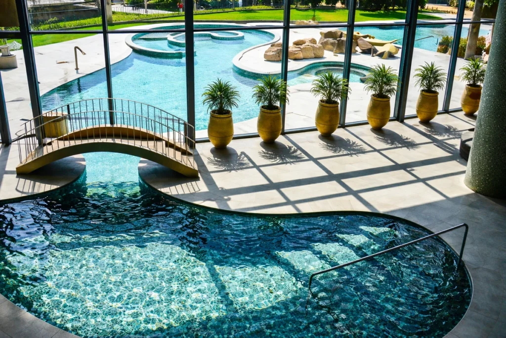 Indoor and outdoor thermal pools at Termas de São Pedro do Sul