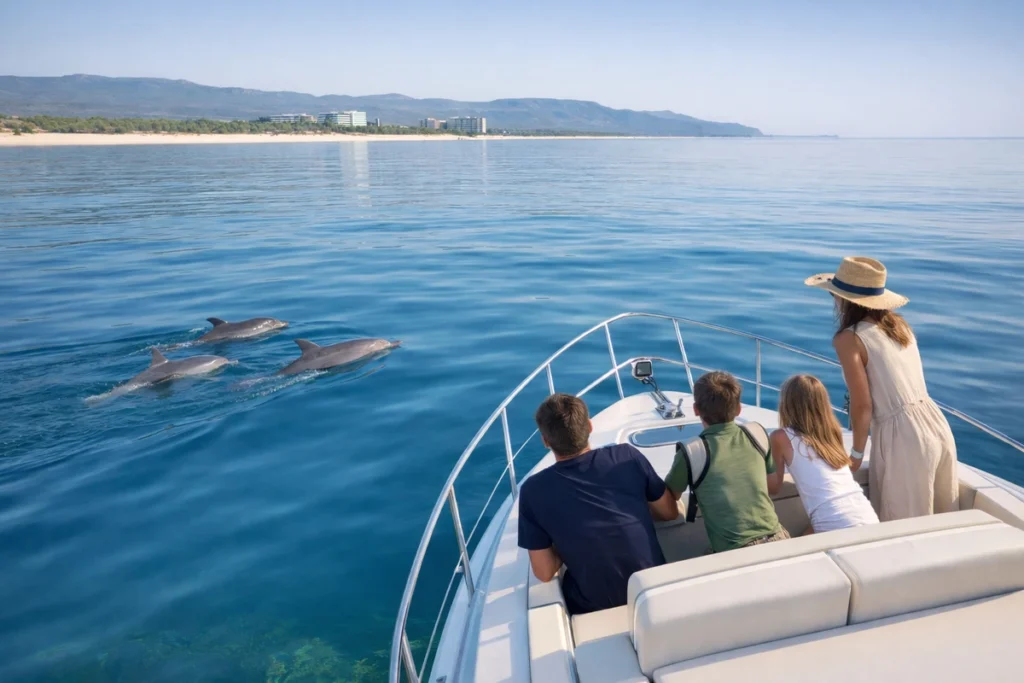 A family on the bow of a white motor yacht near Tróia watches three bottlenose dolphins swimming in calm blue water with sandy shoreline and distant hills behind.
