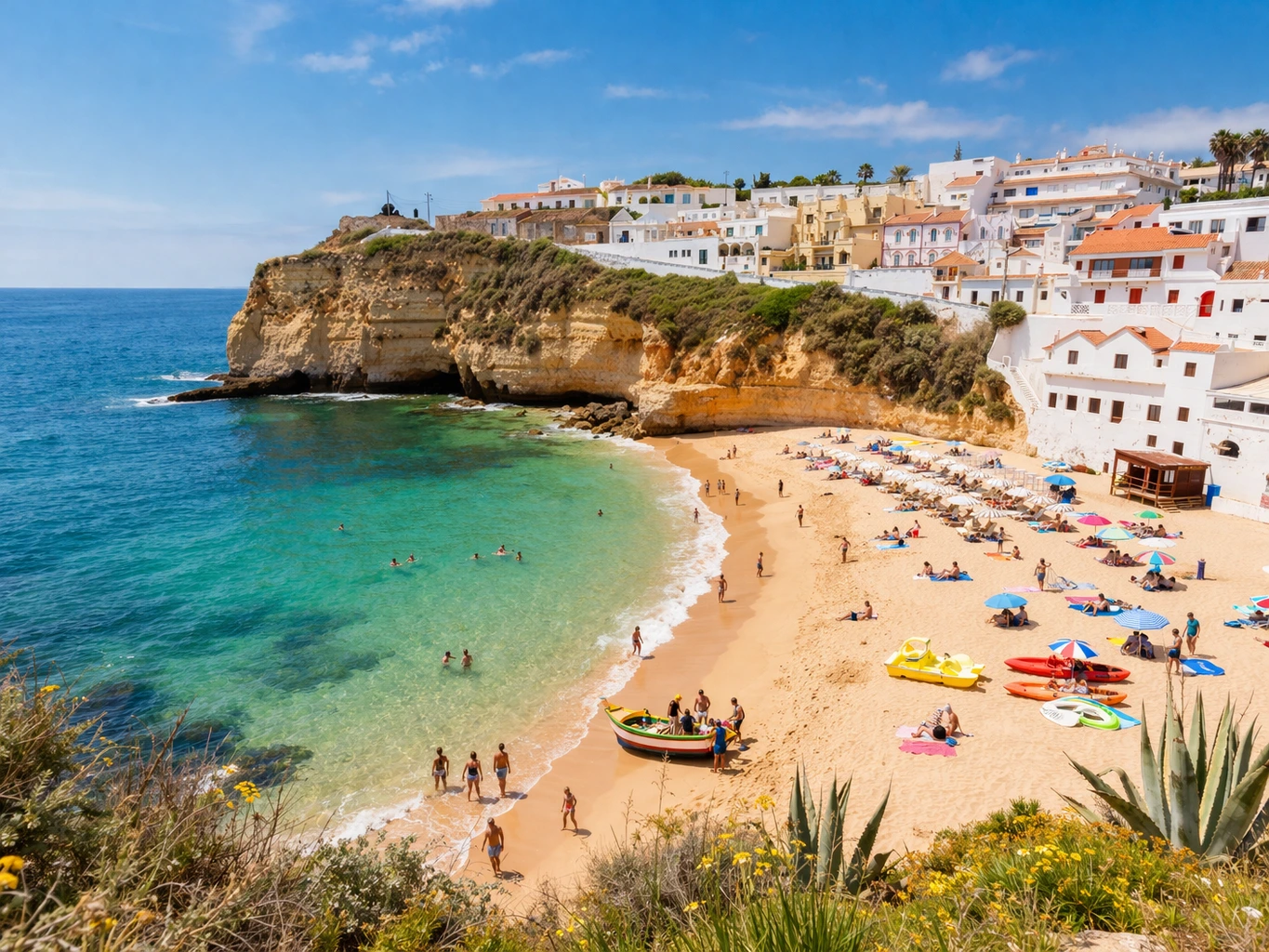 Algarve beach cove with turquoise water, golden cliffs, sandy shore, families on the beach and whitewashed houses above the coastline.