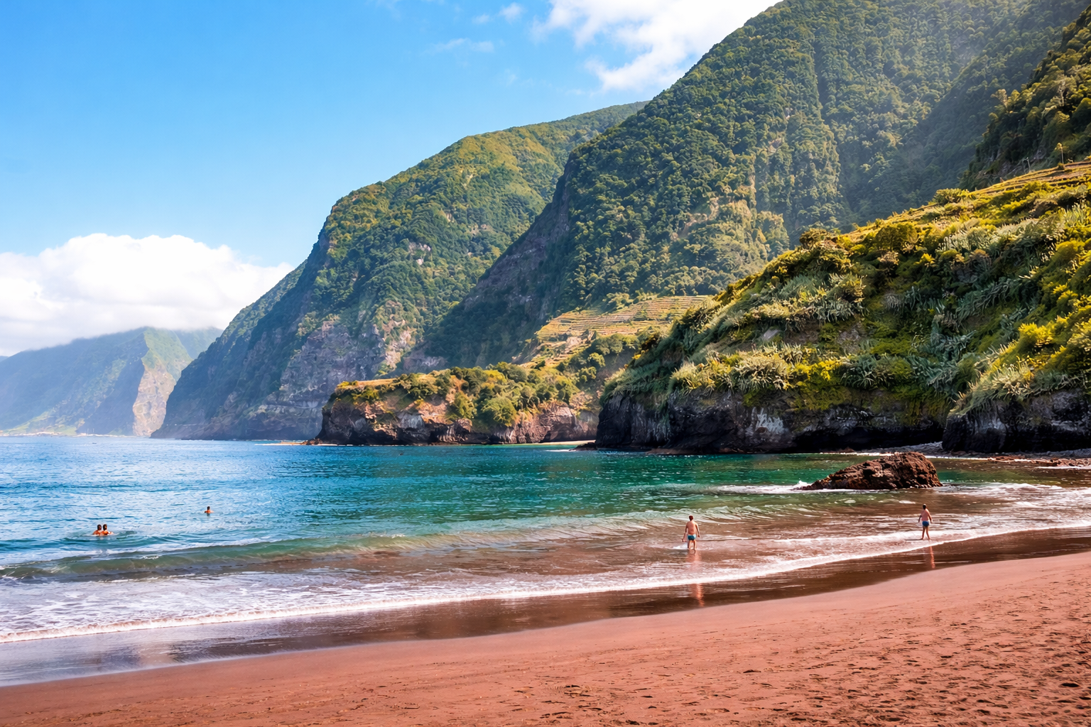 madeira-scenic-family-beach-island-escape Madeira beach with dark sand, calm sea, steep green cliffs and a few people by the shoreline under a bright blue sky.