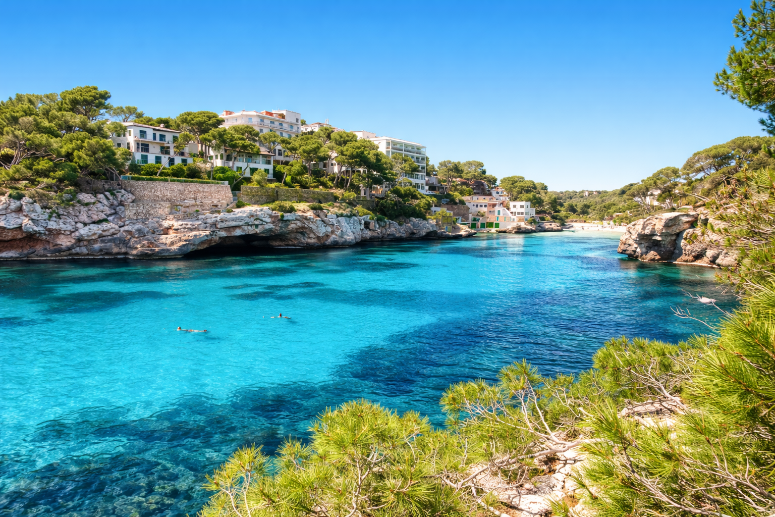 mallorca-turquoise-cove-family-island-holiday Mallorca cove with turquoise water, rocky shoreline, pine trees and white coastal villas overlooking a calm Mediterranean inlet.