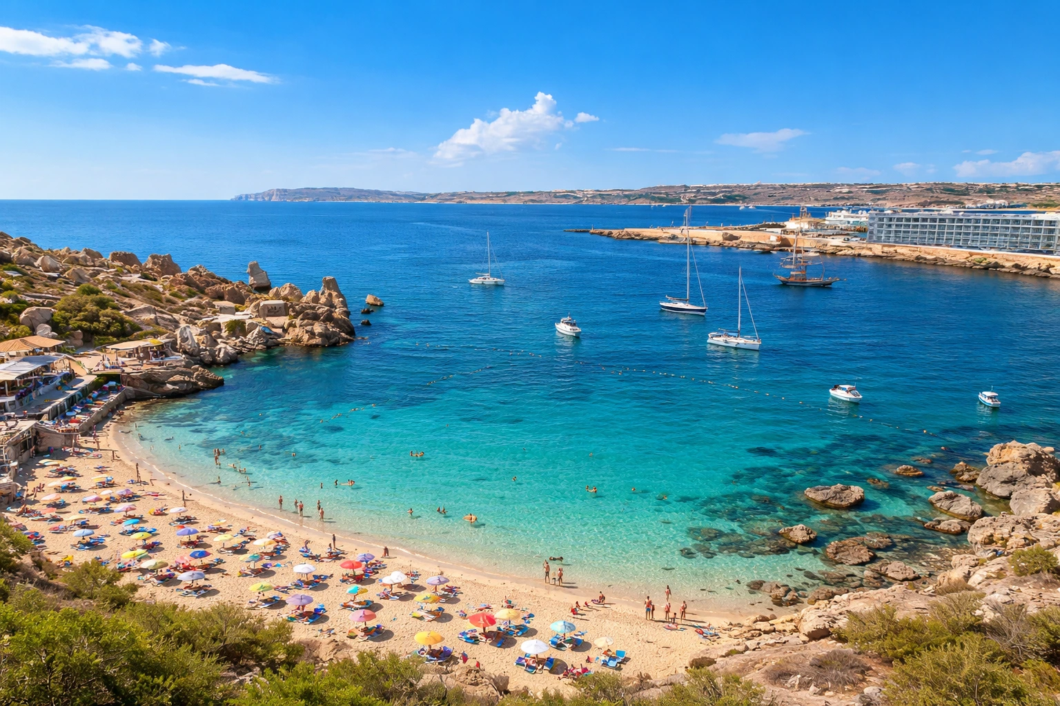 malta-family-friendly-bay-beach-holiday Malta beach bay with turquoise water, sandy shore, anchored sailboats, rocky coastline and families relaxing on the beach under a clear blue sky.
