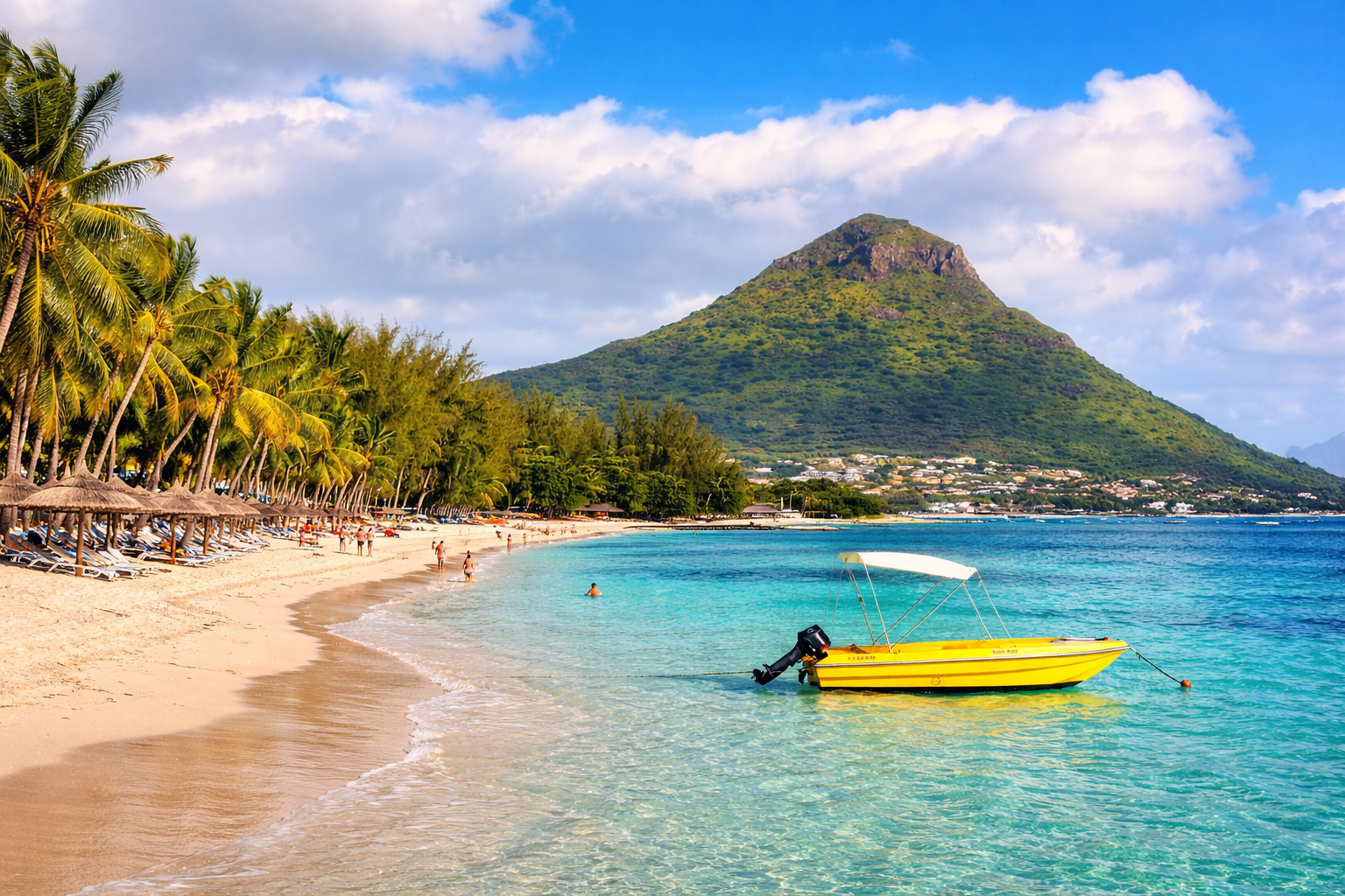 mauritius-family-friendly-beach-luxury-holiday Mauritius beach with pale sand, turquoise sea, palm trees, a yellow boat near the shore and a green mountain in the background.