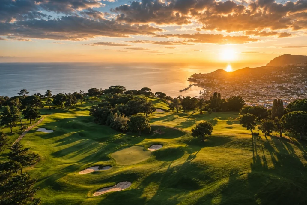 Lush green golf course at sunset with a luxury hotel by the sea, inspired by Casa Velha do Palheiro Relais & Châteaux in Madeira.